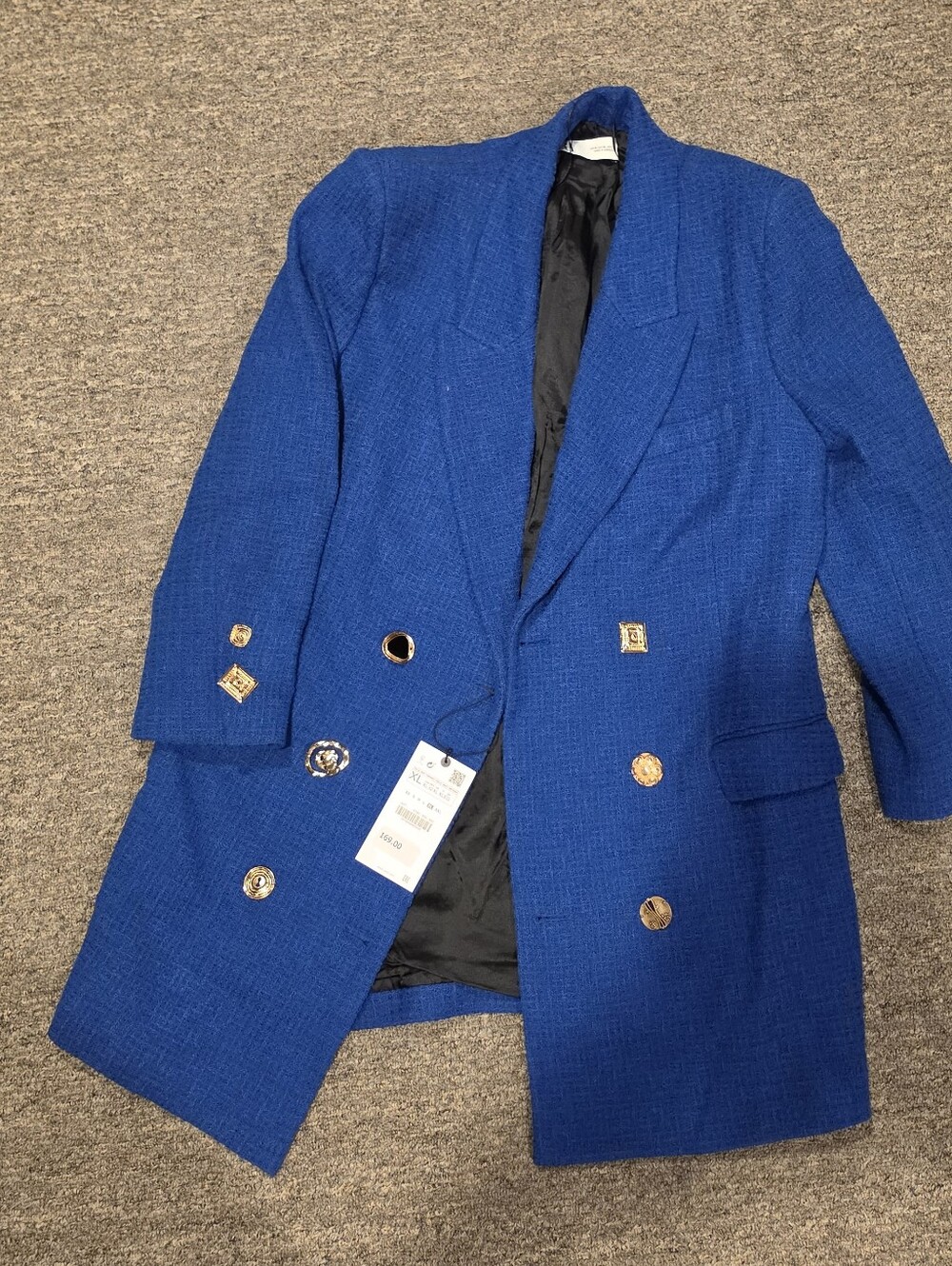 Zara Textured Double-Breasted Blazer Blue Blazer Size XL